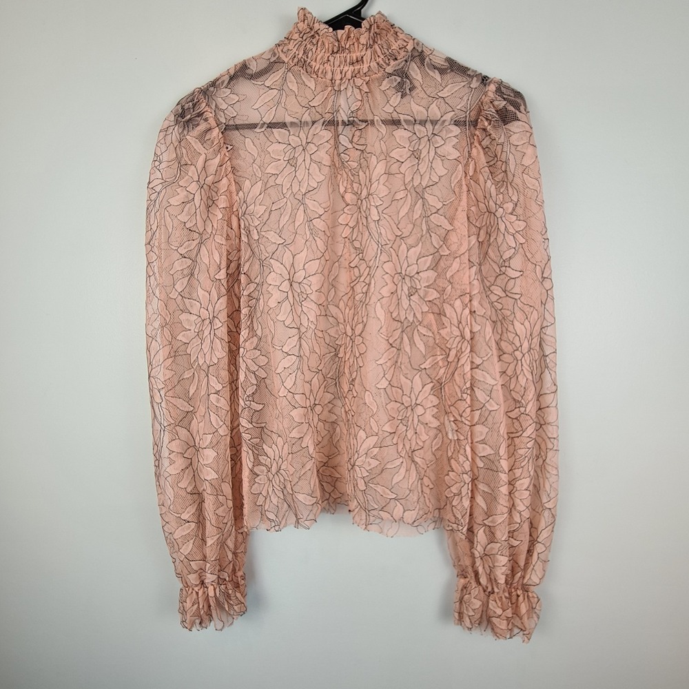 Forever 21 Floral Lace Fairy Top Long Sleeve High Neck S Women's Blouse Pink